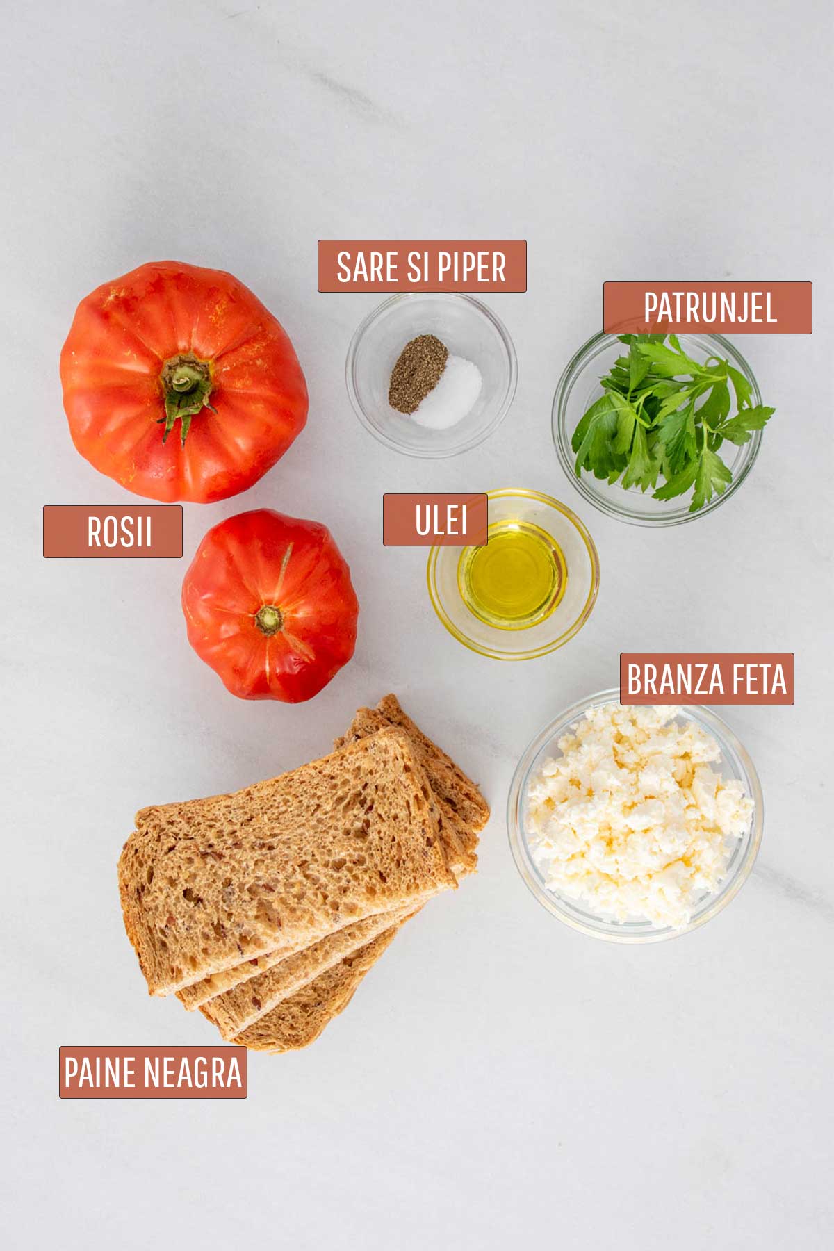 Poza cu ingredientele necesare pentru prepararea bruschetelor.