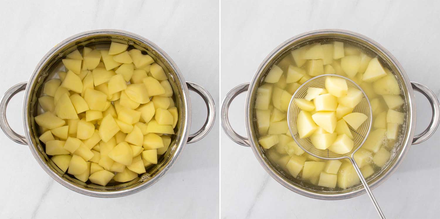 Pasul de preparare a cartofilor pentru salata orientala de post.