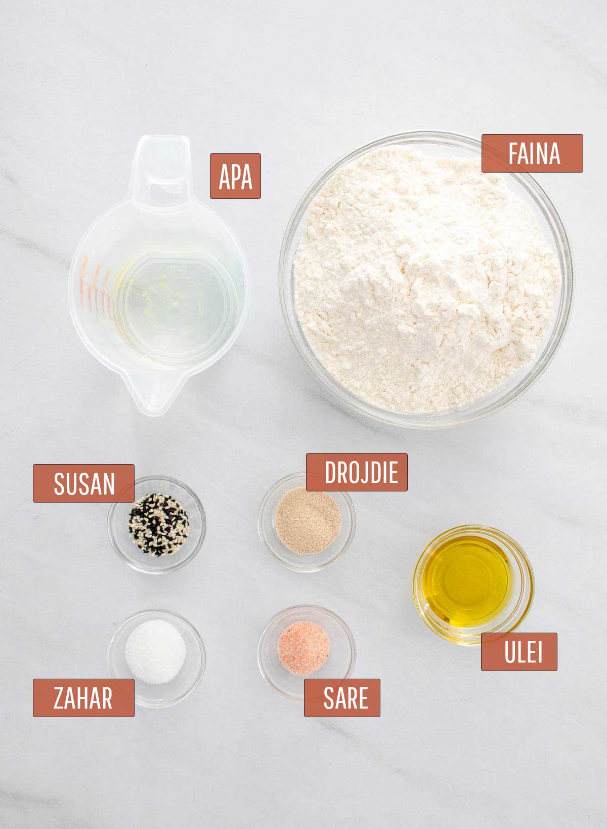 Ingrediente necesare pentru prepararea painii la tava.