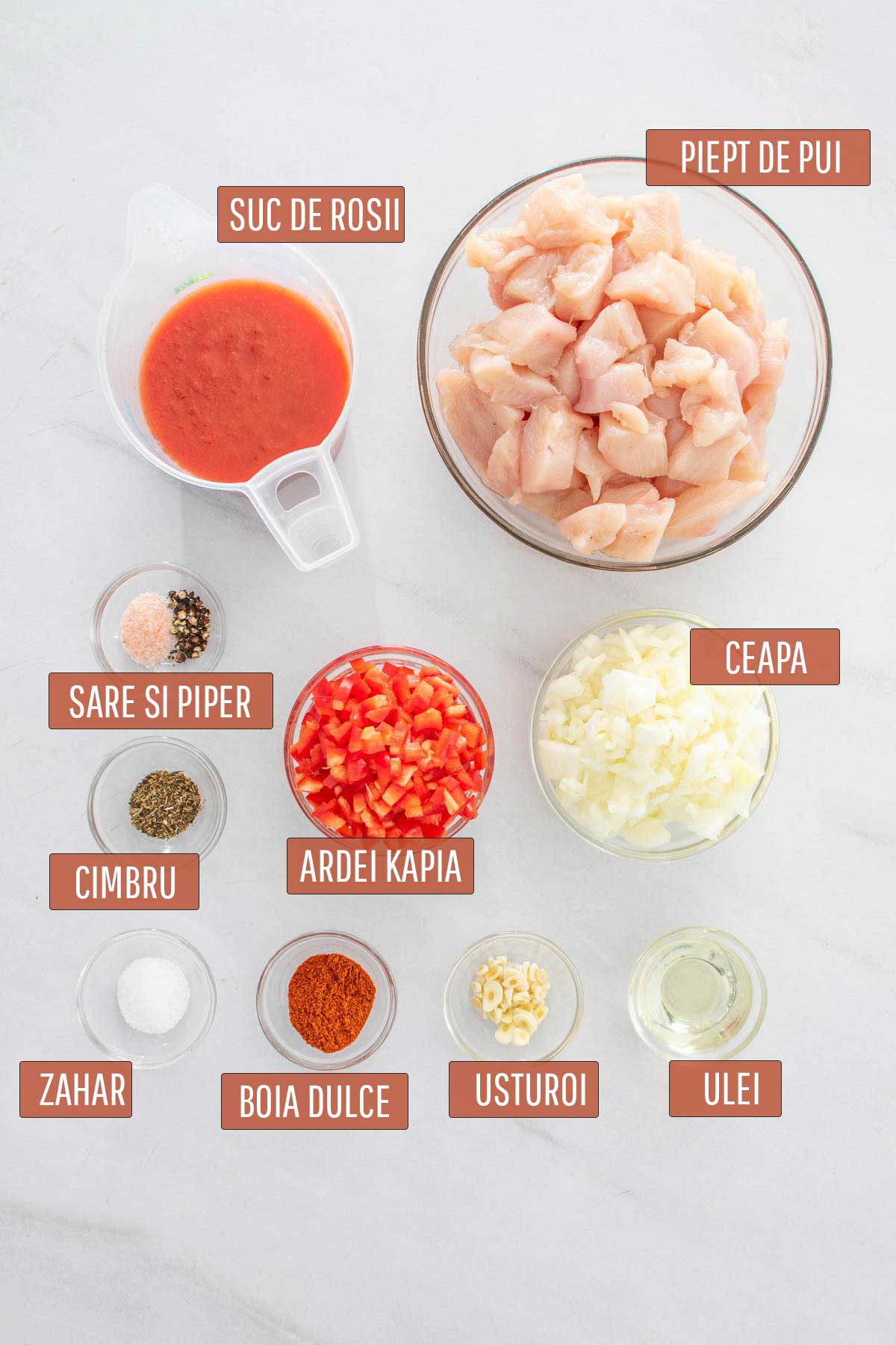 Ingrediente necesare pentru prepararea tocanitei de pui.