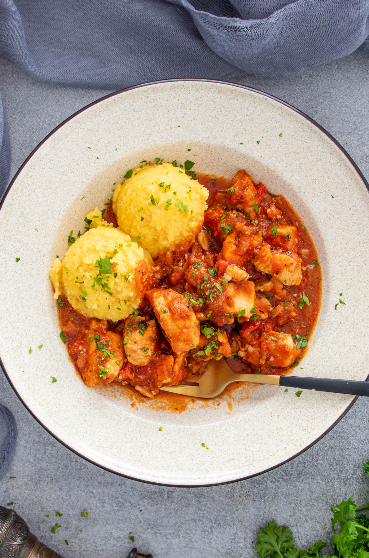 Tocăniță de pui cu sos de roșii și mămăligă, servită pe farfurie.