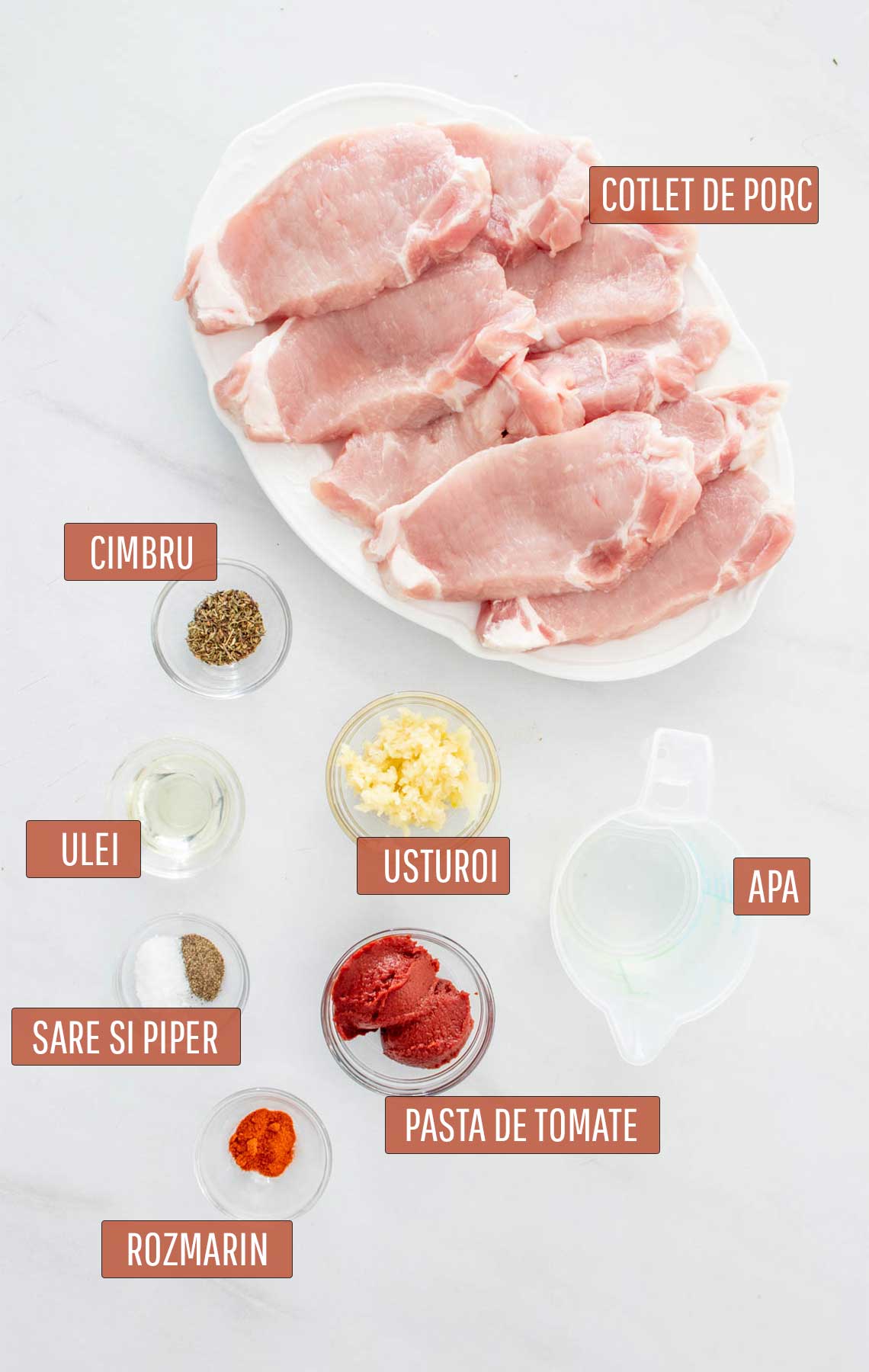 Ingrediente;le necesare pentru prepararea cotletelor de porc.