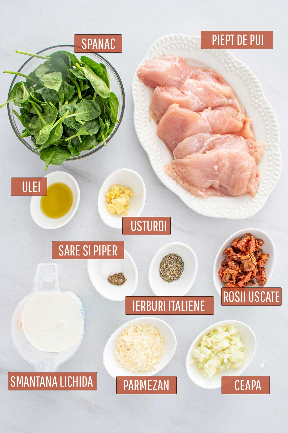 Poza cu ingredientele necesare preparare pui toscan.