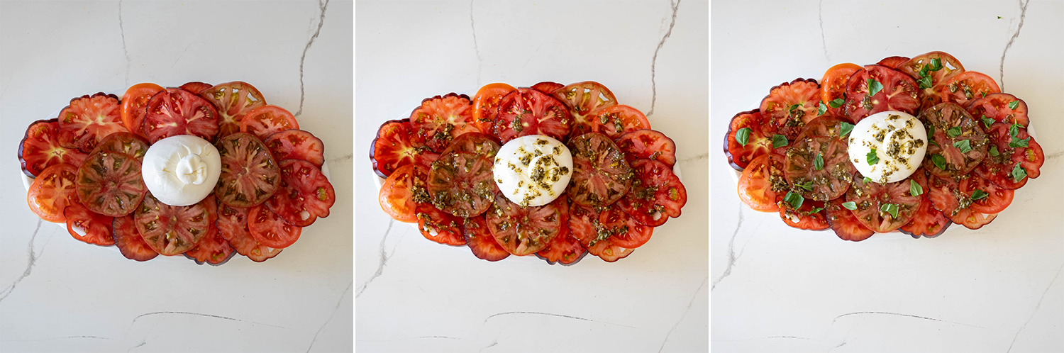 Pasul 3 de preparare a salatei cu rosii, burata si pesto.