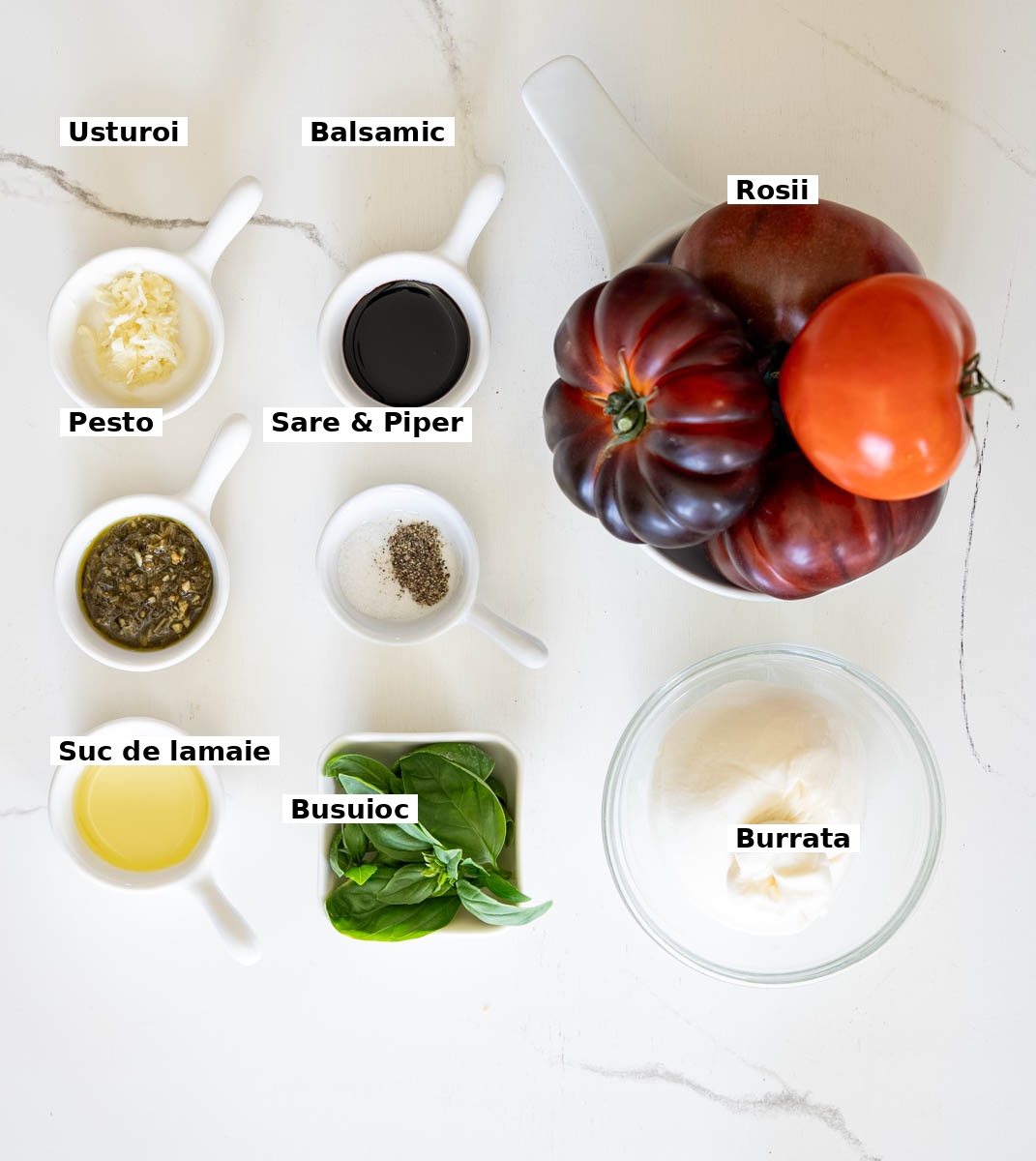 Poza cu ingredientele necesare pentru pregatirea salatei cu burata si pesto.