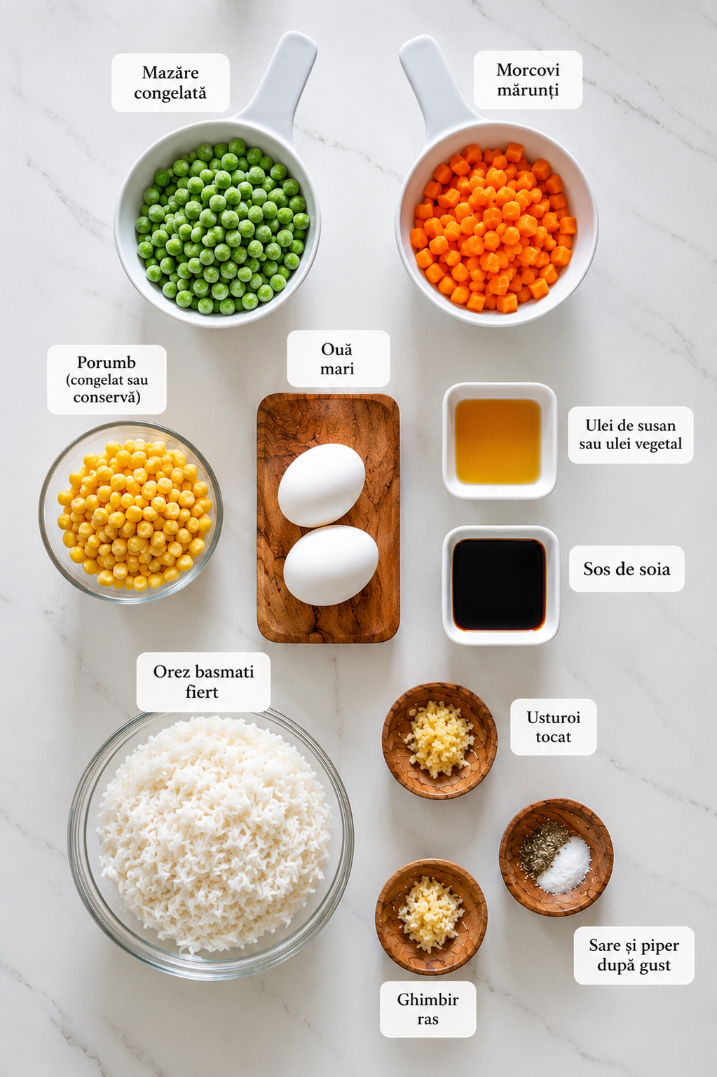 Ingrediente necesare pregătirii orezului chinezesc.