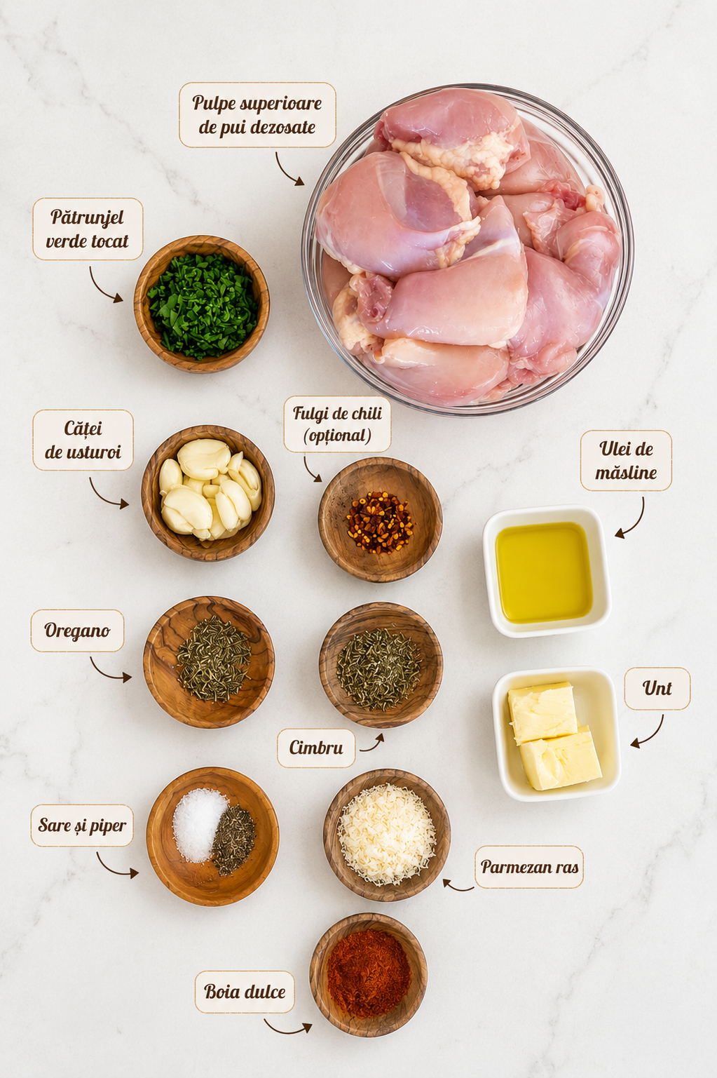 Ingrediente necesare pentru prepararea pulpelor in sos de unt.