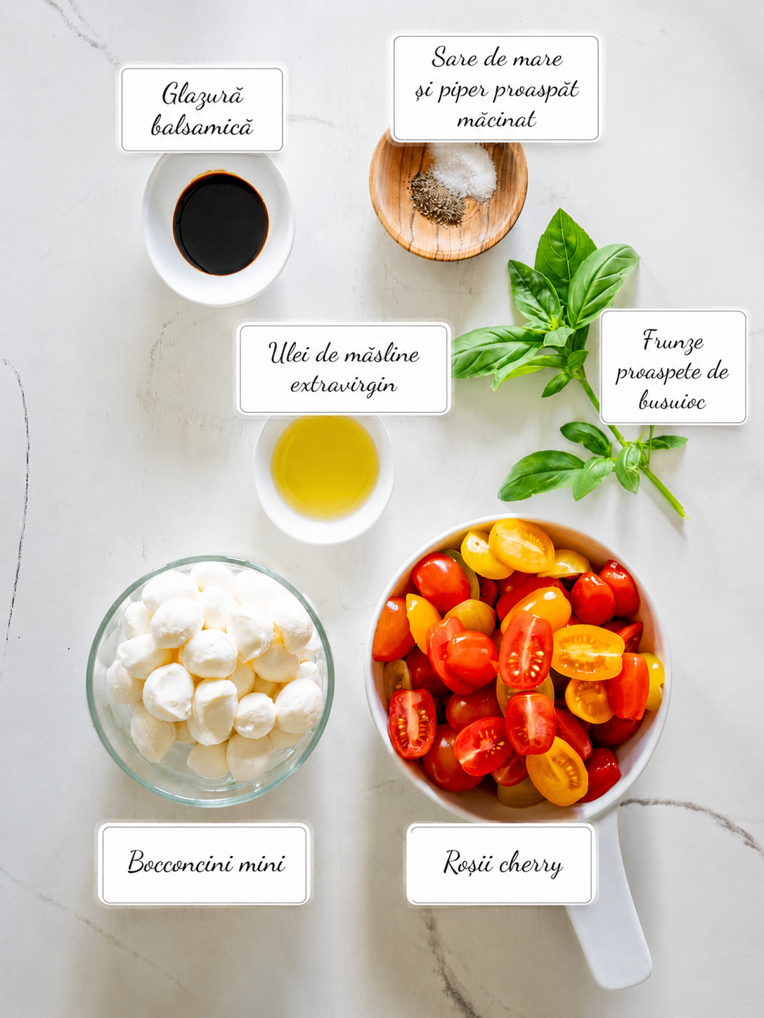Poza cu ingredientele necesare pentru prepararea salatei caprese.