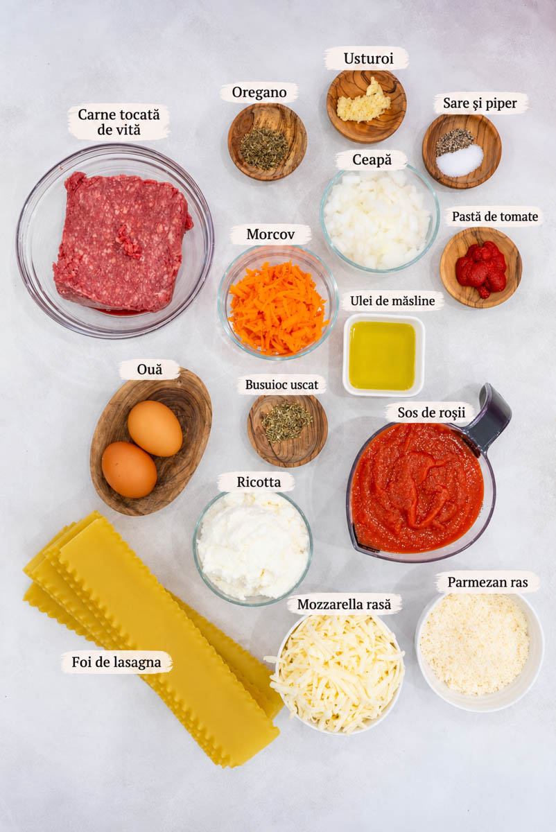 Ingrediente pentru lasagna cu carne și ricotta: carne tocată de vită, ricotta, mozzarella, parmezan, foi de lasagna, sos de roșii și legume.