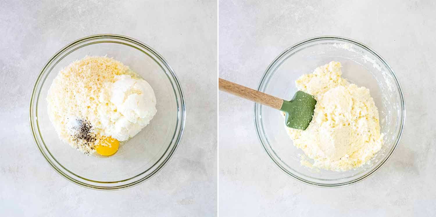 Ricotta amestecată cu ou și parmezan pentru stratul cremos de lasagna