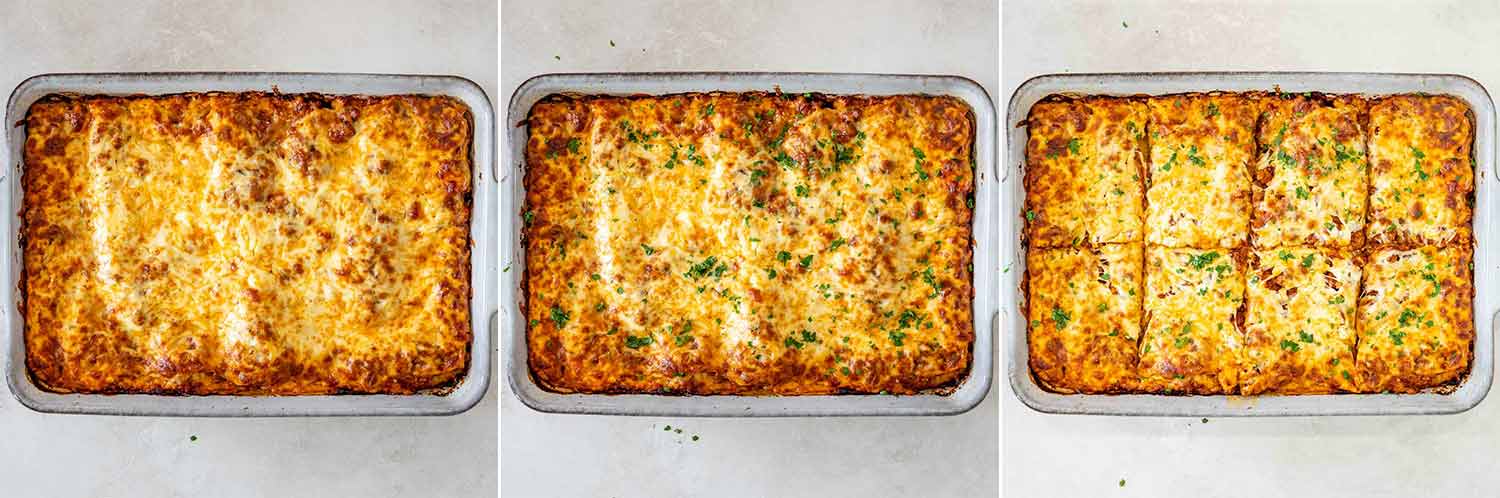 Lasagna cu carne și ricotta rumenită după coacere