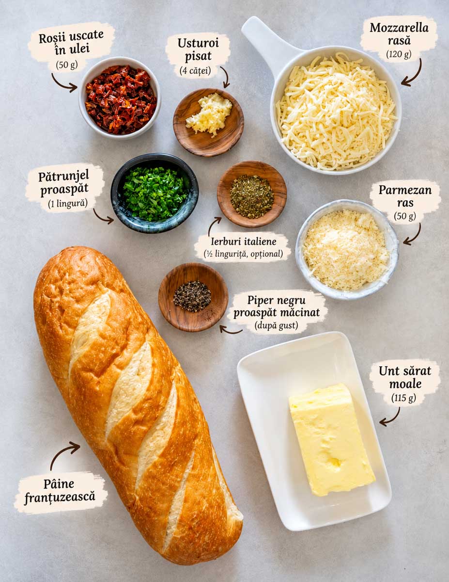 Ingrediente pentru p&acirc;ine cu usturoi și mozzarella, cu unt, parmezan, usturoi, roșii uscate și pătrunjel.