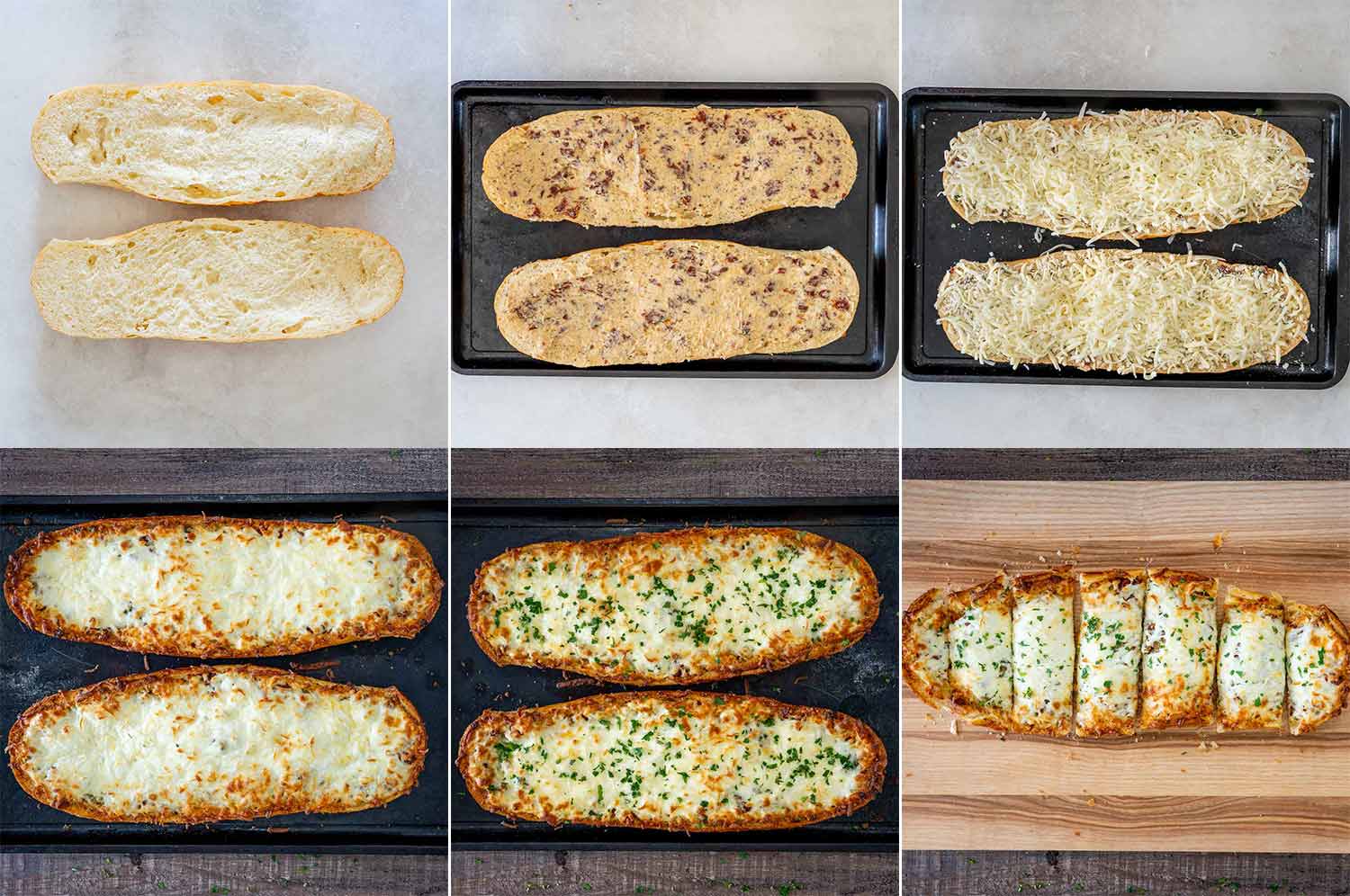 Pași de preparare pentru p&acirc;ine cu usturoi și mozzarella, de la ungerea p&acirc;inii cu unt aromat p&acirc;nă la coacere și porționare.