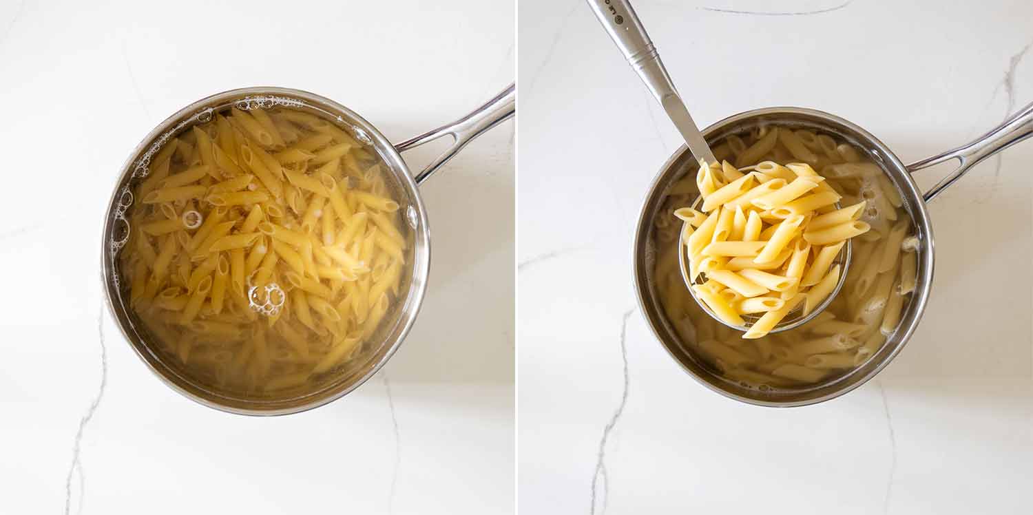 Paste penne fierte în apă și scoase din oală cu o spumieră.