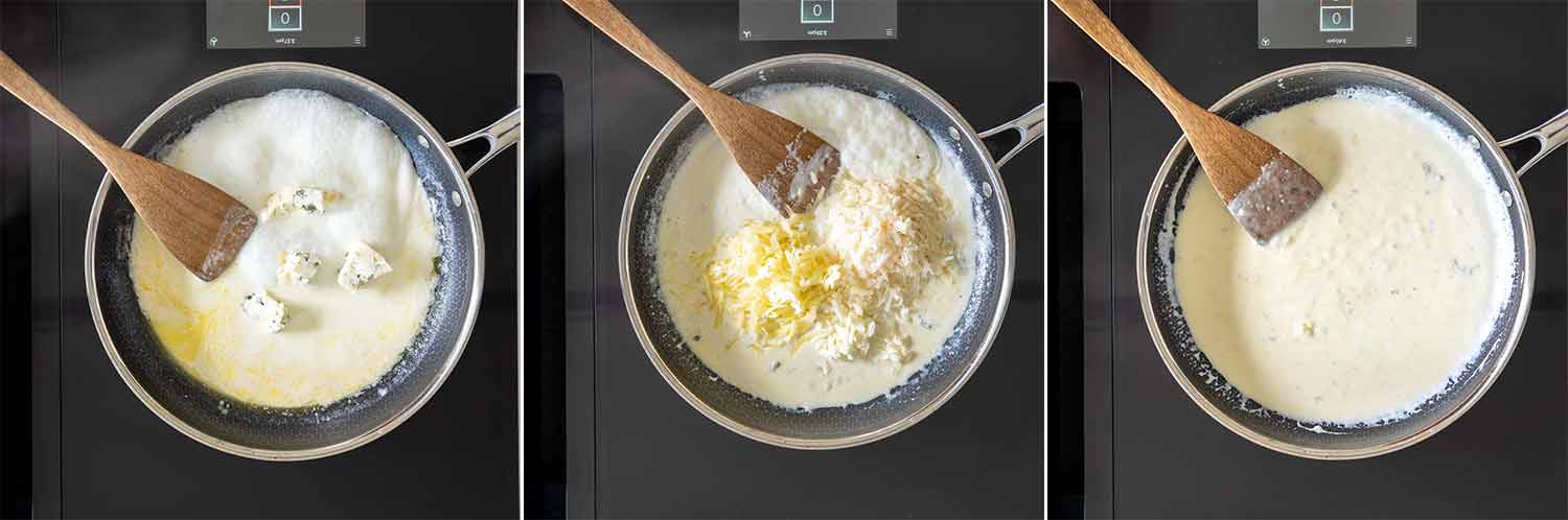 Etapele preparării sosului Quattro Formaggi prin adăugarea și topirea brânzeturilor.