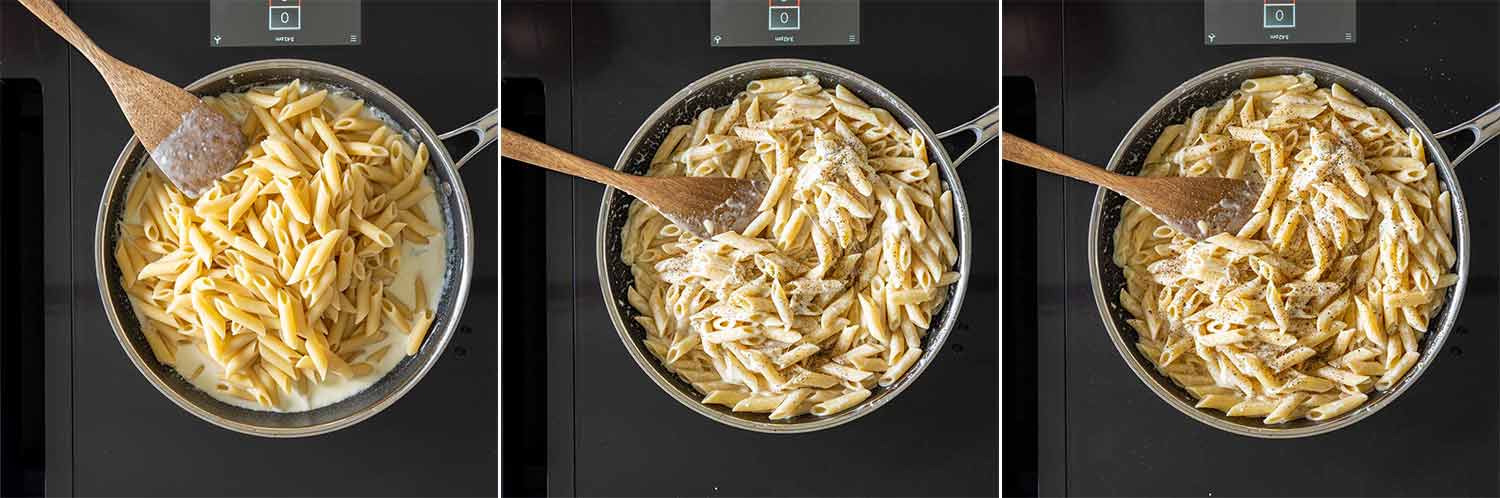 Etapele amestecării pastelor penne cu sosul cremos Quattro Formaggi și piper.