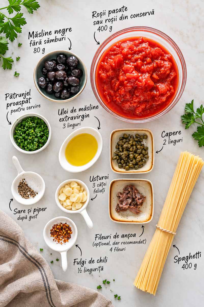 Ingrediente pentru paste Putanesca: spaghetti, roșii, măsline negre, capere, anșoa, usturoi, ulei de măsline, fulgi de chili și pătrunjel, cu denumirile și cantitățile indicate pe fotografie.