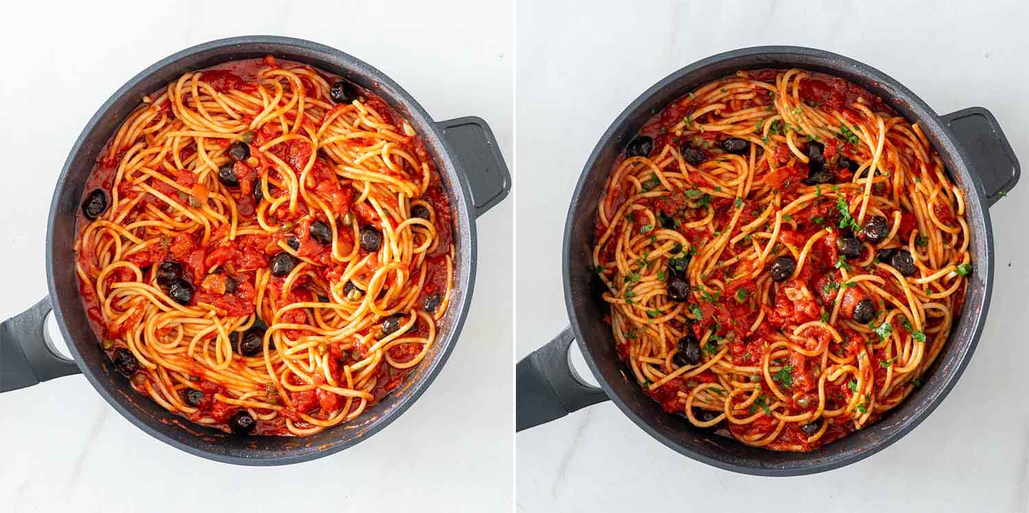 Farfurie cu paste Putanesca, spaghetti acoperite cu sos de roșii, măsline negre, capere și pătrunjel proaspăt.