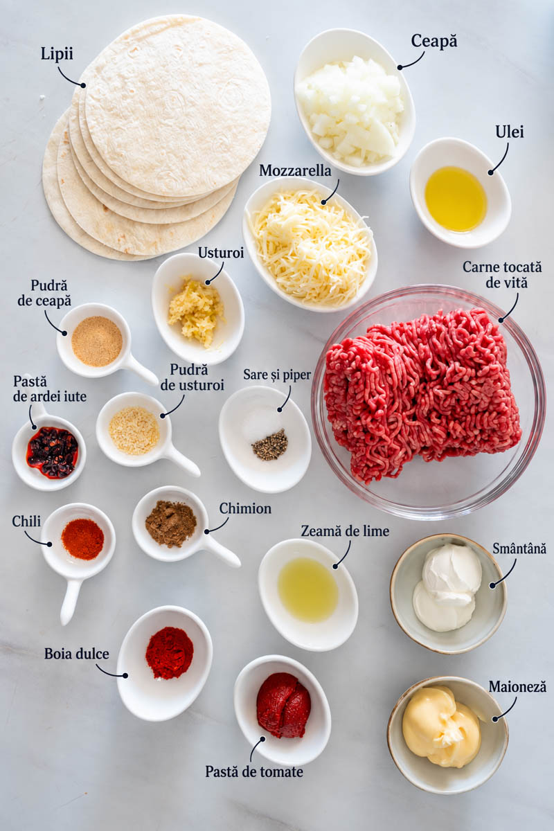 Poza cu ingredientele necesare prepararii acestor tacos cu vita.